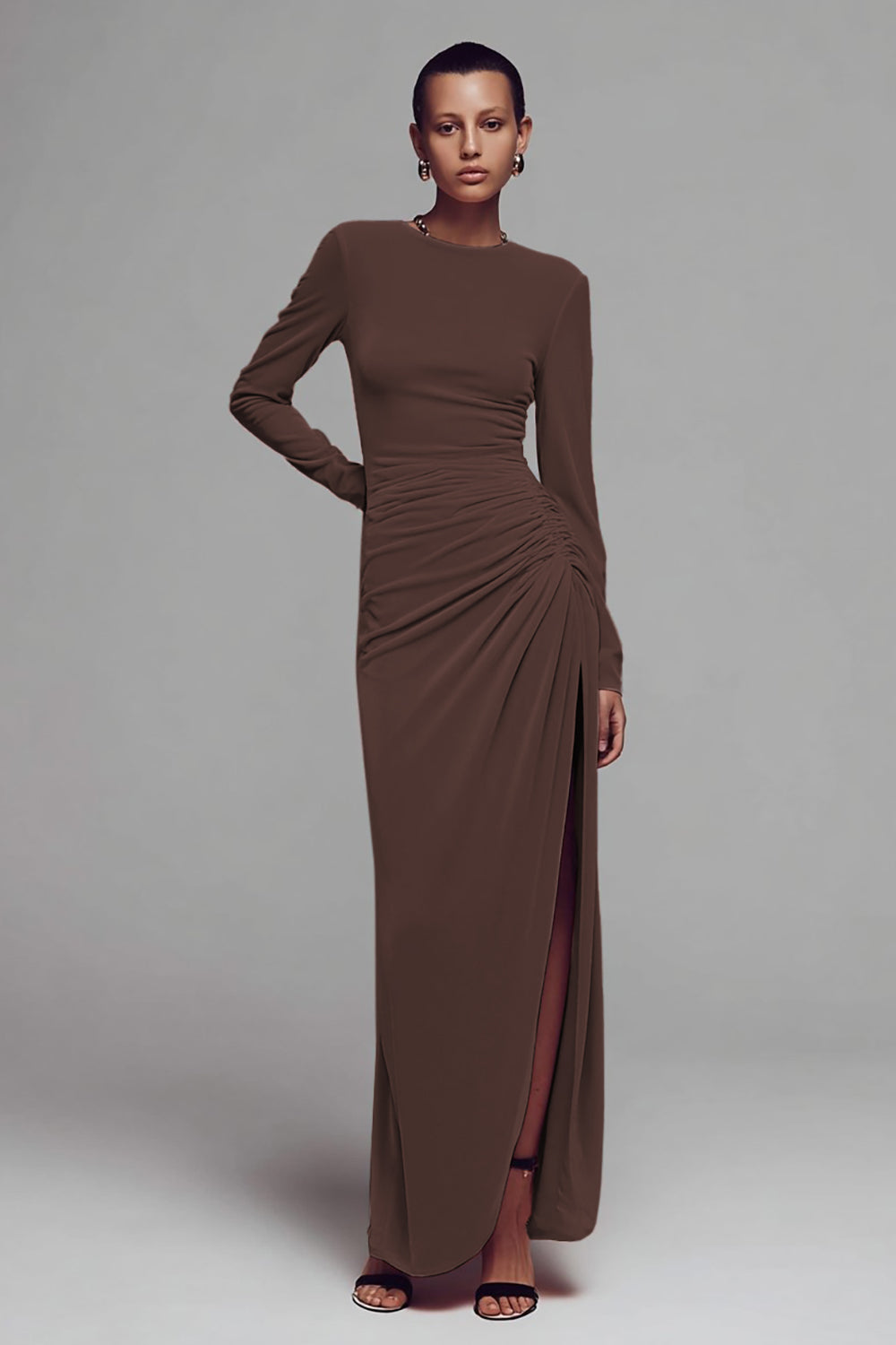 Coffee Crew Neck Ruched Velvet Long Formal Dress with Slit
