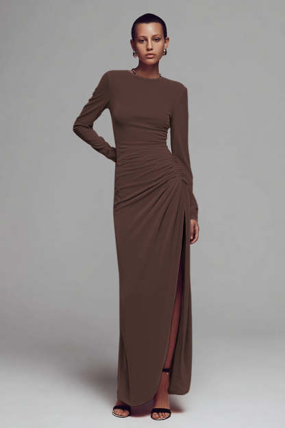 Coffee Crew Neck Ruched Velvet Long Formal Dress with Slit