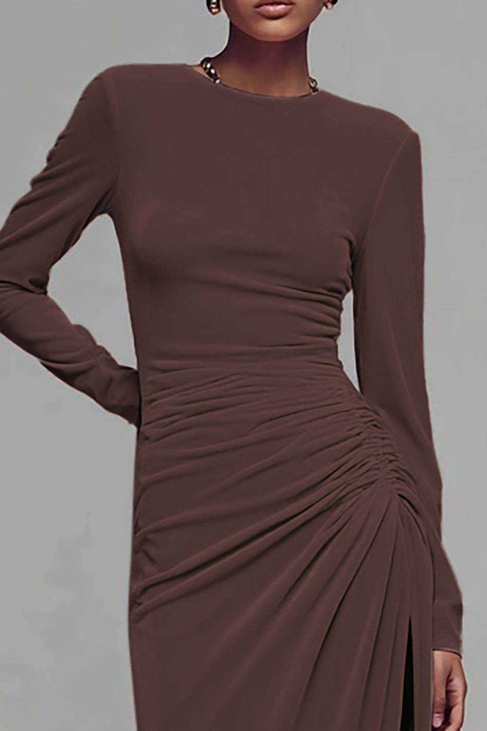 Coffee Crew Neck Ruched Velvet Long Formal Dress with Slit