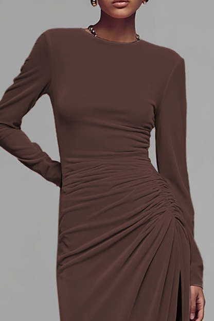 Coffee Crew Neck Ruched Velvet Long Formal Dress with Slit