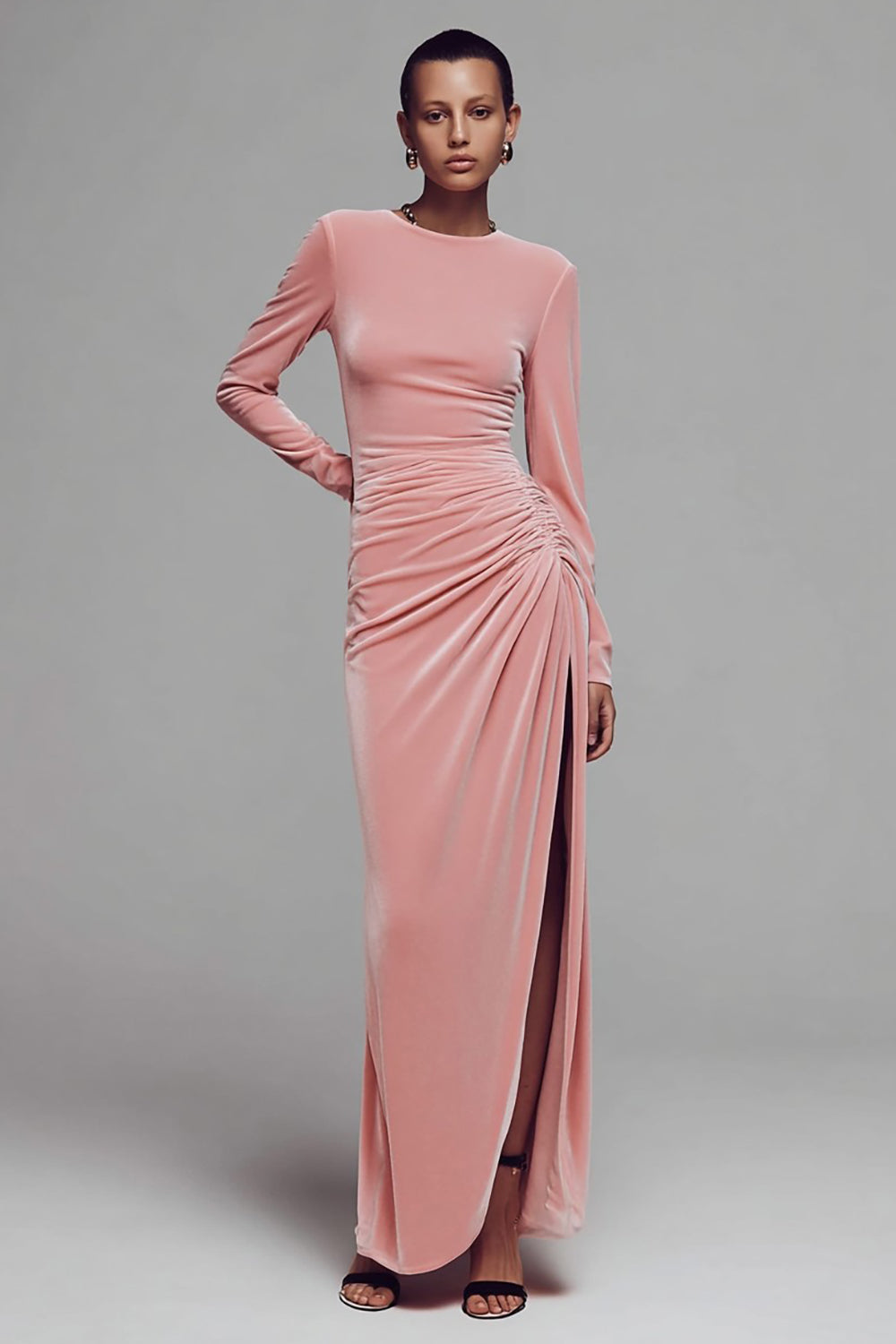 Leely Women Coffee Velvet Long Sleeves Formal Dress with Slit Sheath Crew Neck Ruched Holiday Party Dress