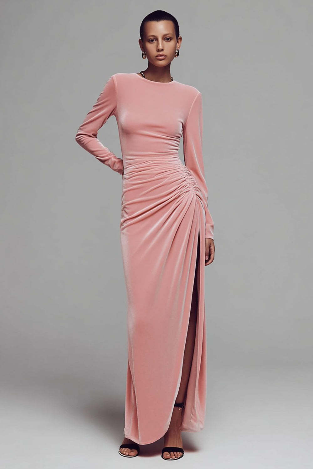 Leely Women Coffee Velvet Long Sleeves Formal Dress with Slit Sheath Crew Neck Ruched Holiday Party Dress