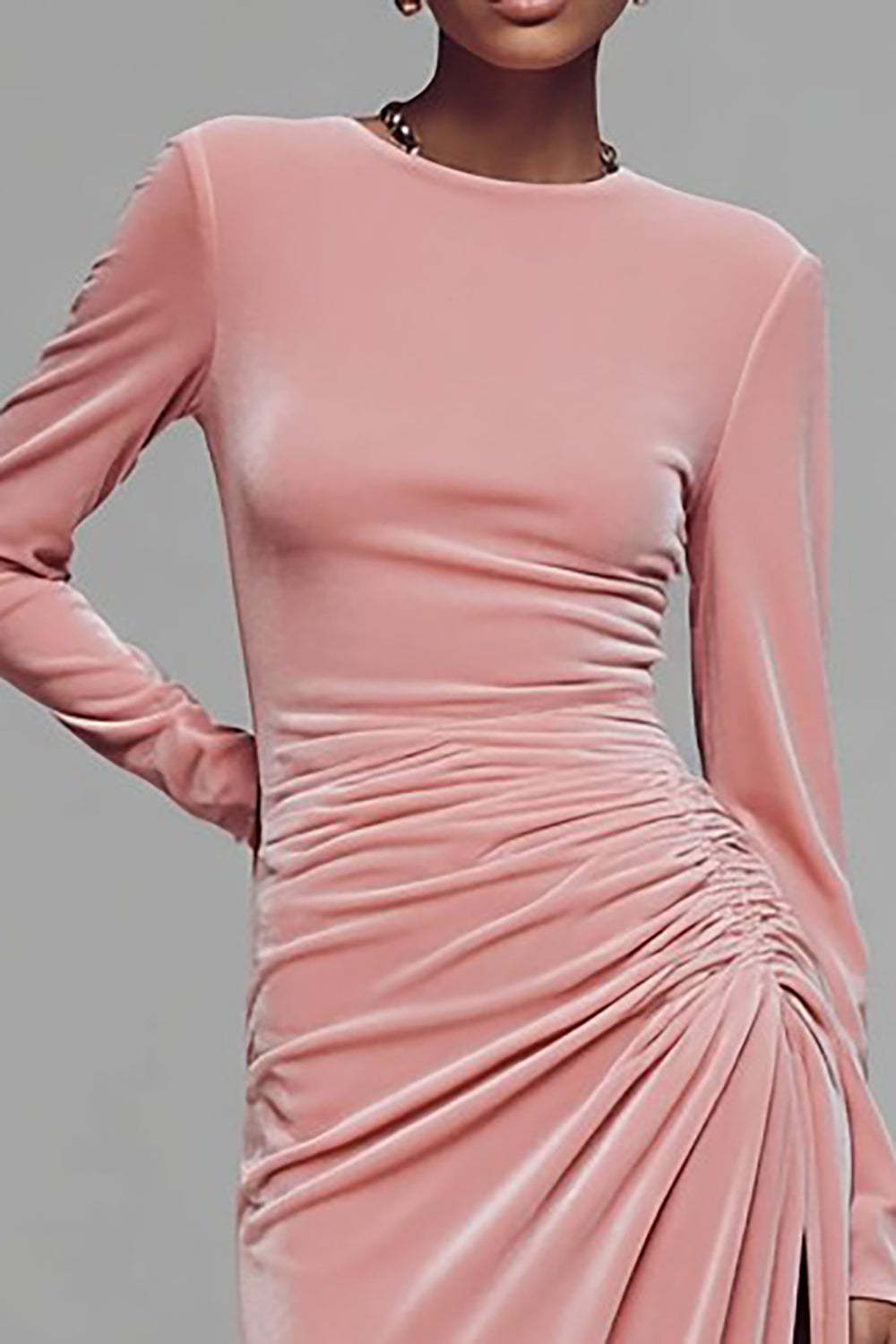 Coffee Crew Neck Ruched Velvet Long Formal Dress with Slit