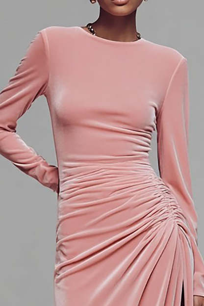Coffee Crew Neck Ruched Velvet Long Formal Dress with Slit