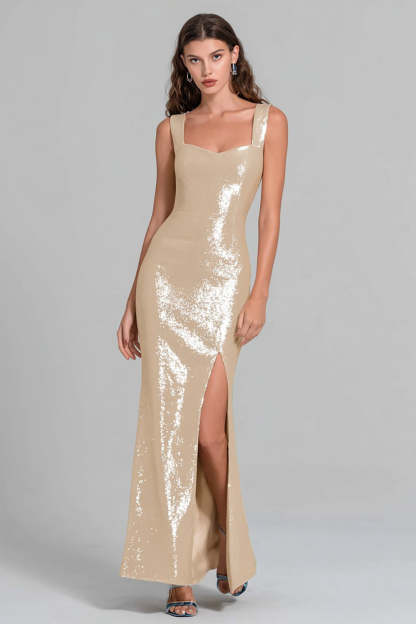 Leely Women Sparkly Sequin Champagne Long Formal Dress with Slit Mermaid Thick Straps Gala Dress