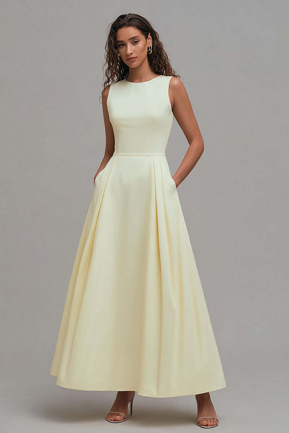 Leely Women Simple Daffodil Long Formal Dress A-Line Crew Neck Sleeveless Evening Dress