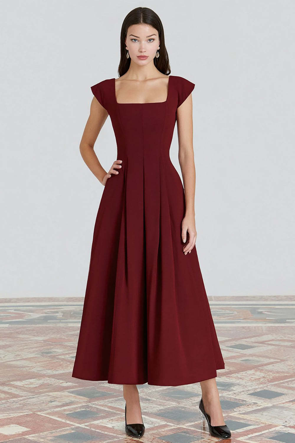 Leely Women Burgundy Long Formal Dress A-Line Cap Sleeves Square Neck Holiday Party Dress