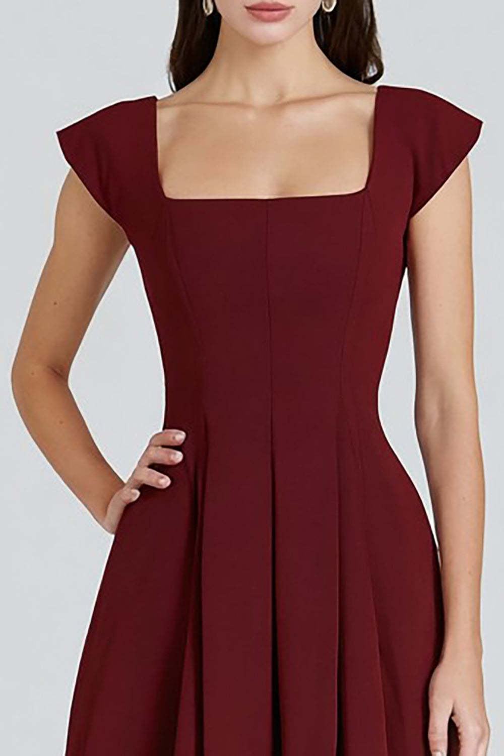 Burgundy A-Line Square Neck Cap Sleeves Long Formal Dress