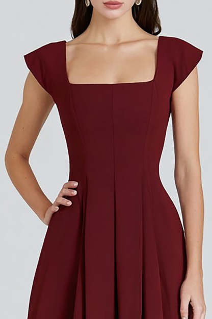 Burgundy A-Line Square Neck Cap Sleeves Long Formal Dress
