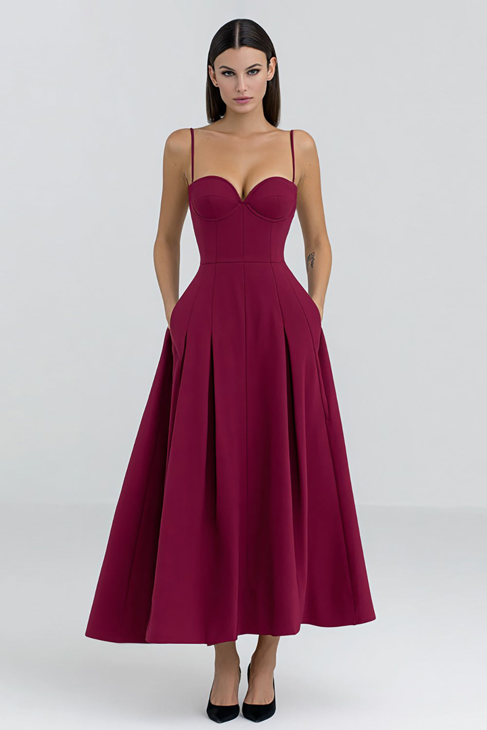 Burgundy A-Line Spaghetti Straps Long Formal Dress with Pockets