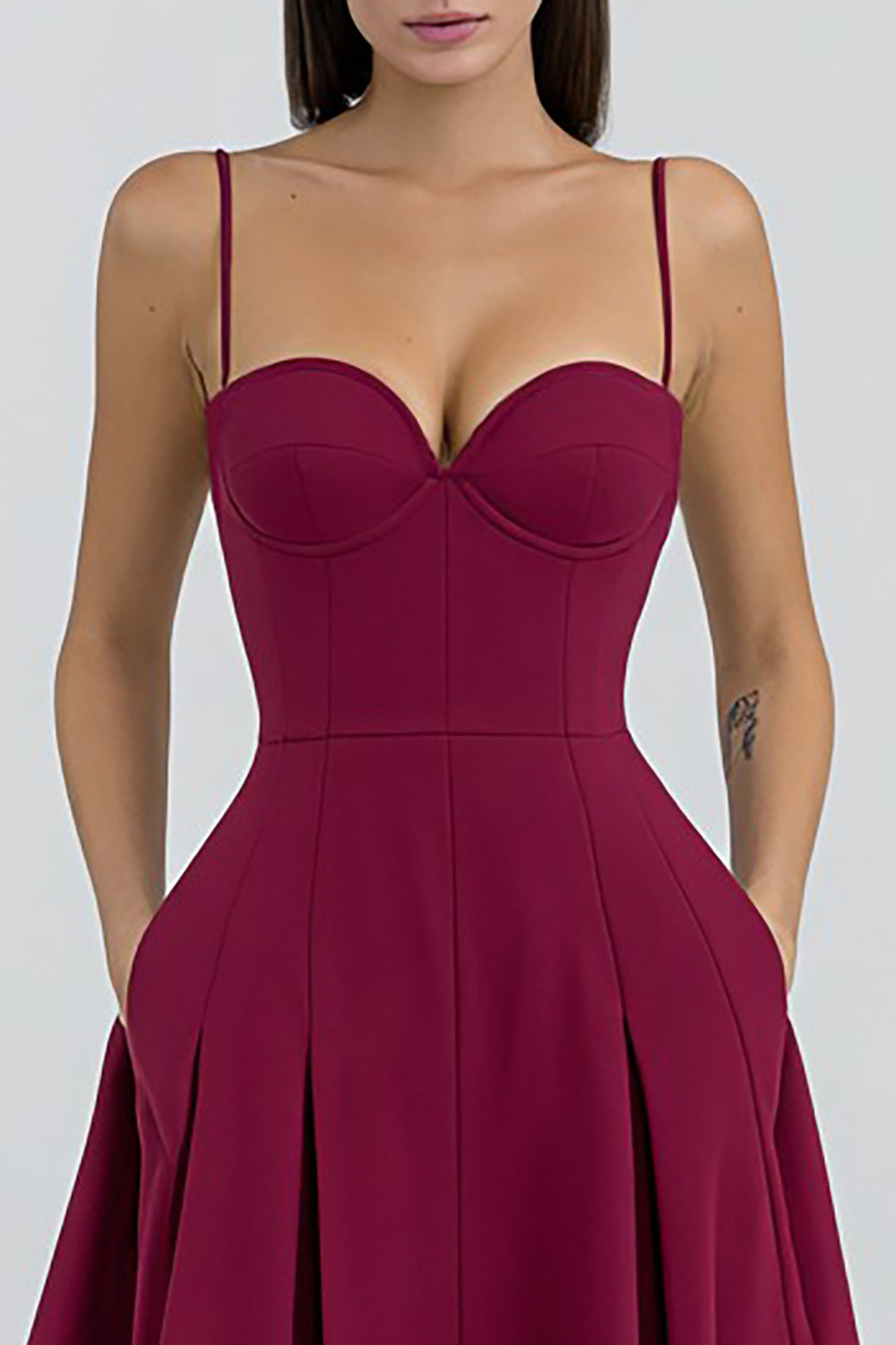Burgundy A-Line Spaghetti Straps Long Formal Dress with Pockets