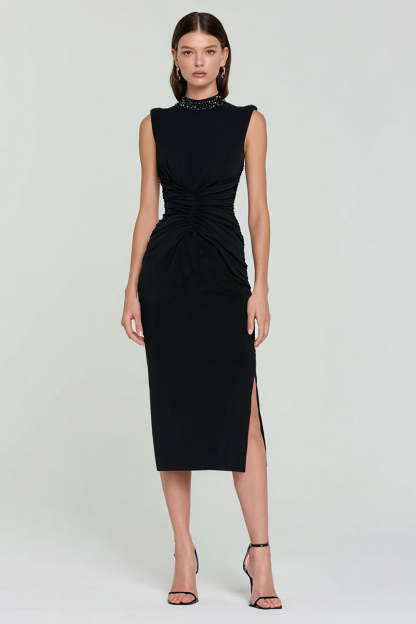 Leely Women Sparkly Black Midi Cocktail Dress with Slit Bodycon High Neck Semi-Formal Dress with Beading