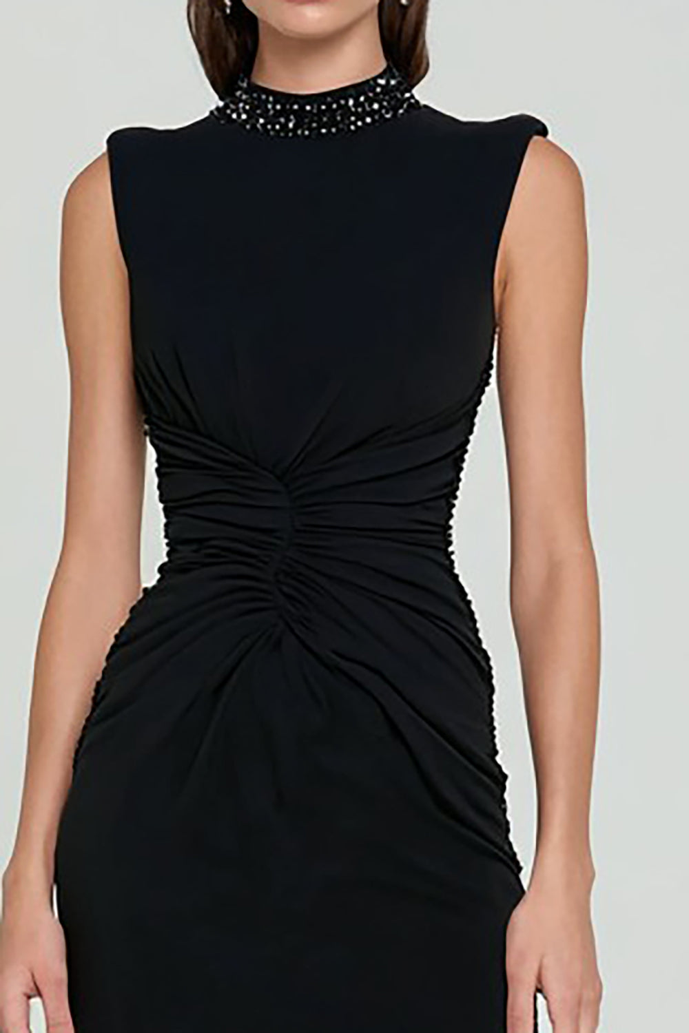 Black High Neck Bodycon Midi Cocktail Dress with Slit
