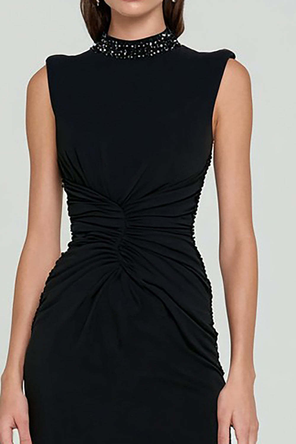 Black High Neck Bodycon Midi Cocktail Dress with Slit