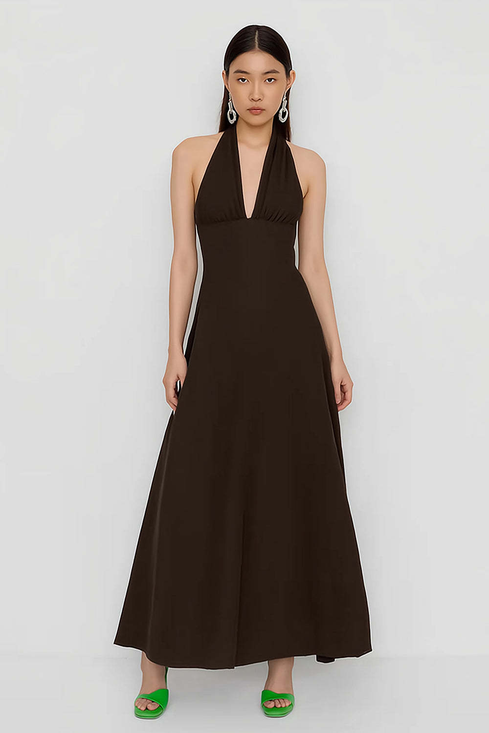 Leely Women Coffee Sheath Maxi Wedding Guest Dress Halter Neck Backless Formal Dress