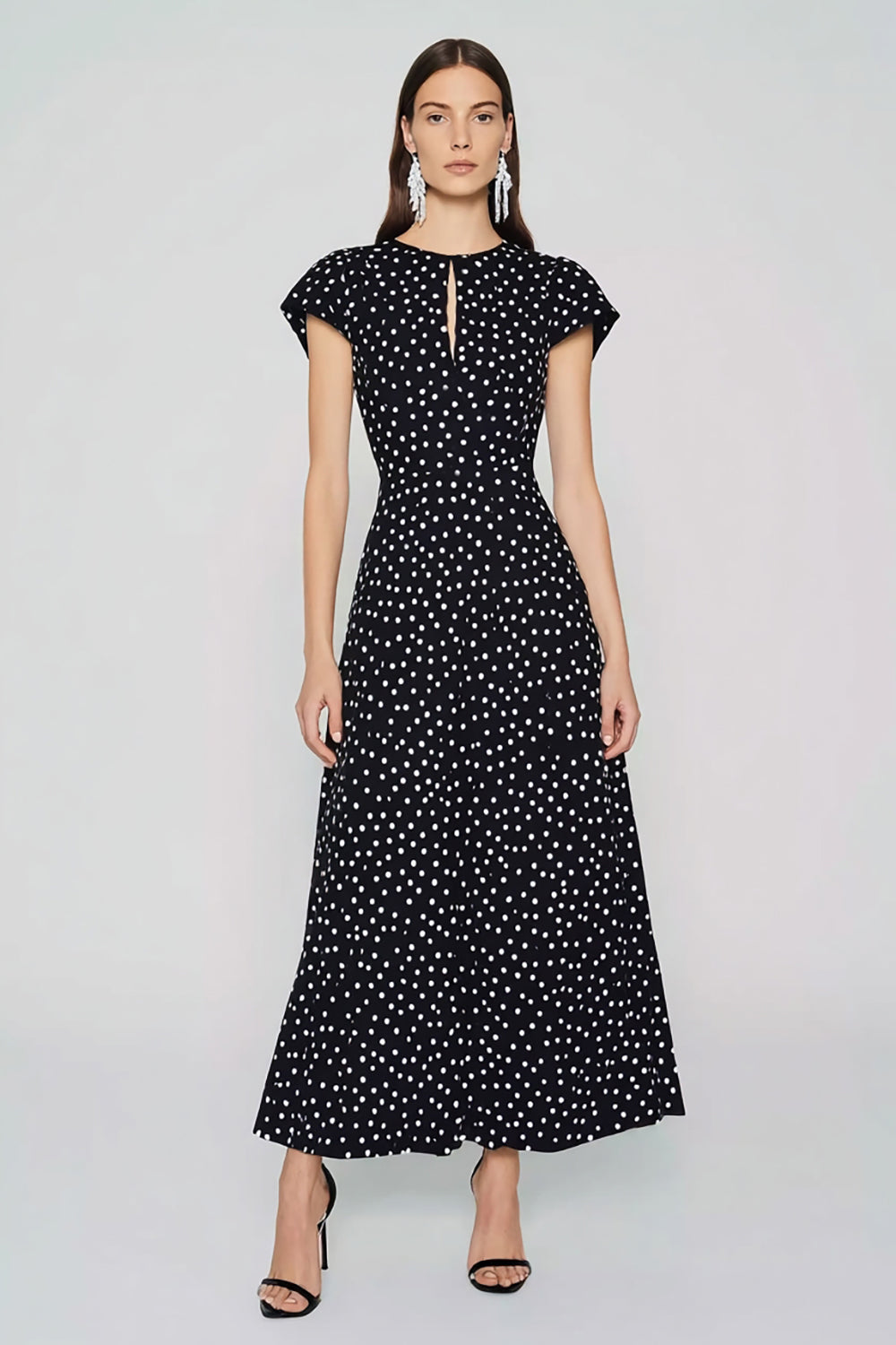 Black and White Polka Dots Maxi Wedding Guest Dress with Keyhole