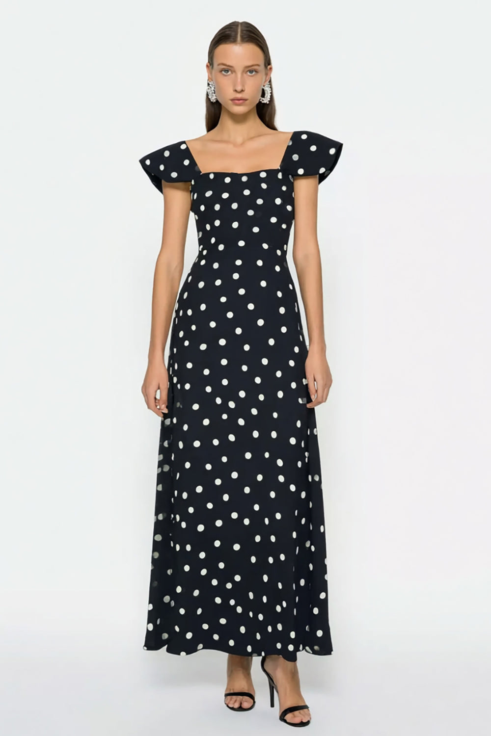Leely Women Black and White Long Polka Dots Wedding Guest Dress Square Neck Cap Sleeves Sheath Backless Formal Dress