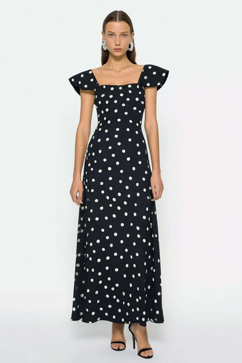 Leely Women Black and White Long Polka Dots Wedding Guest Dress Square Neck Cap Sleeves Sheath Backless Formal Dress