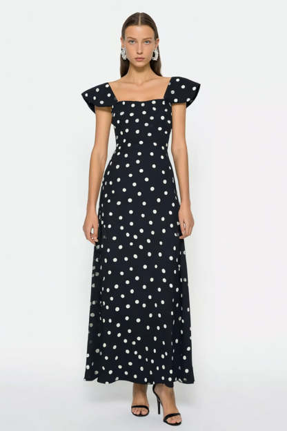Leely Women Black and White Long Polka Dots Wedding Guest Dress Square Neck Cap Sleeves Sheath Backless Formal Dress