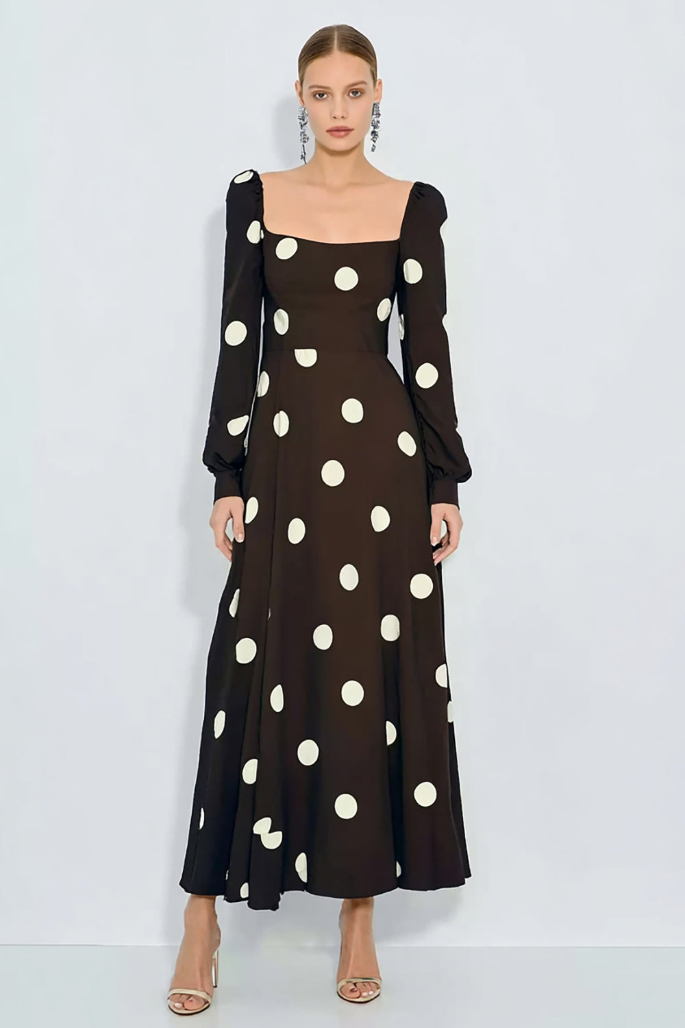 Leely Women Brown and White Polka Dots Sheath Long Sleeves Wedding Guest Dress Backless Square Neck Formal Dress
