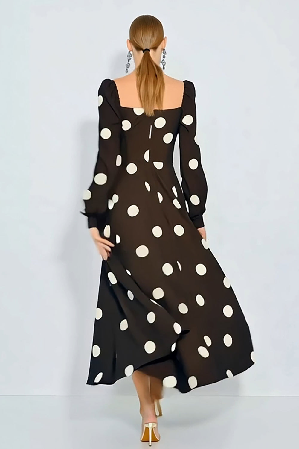 Brown and White Polka Dots Maxi Wedding Guest Dress with Sleeves