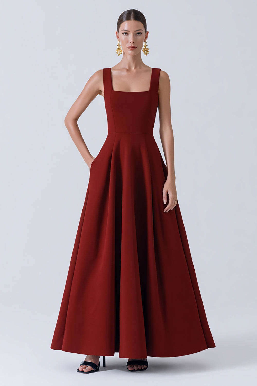 Leely Women Red Backless Maxi Wedding Guest Dress Thick Straps A Line Formal Dress