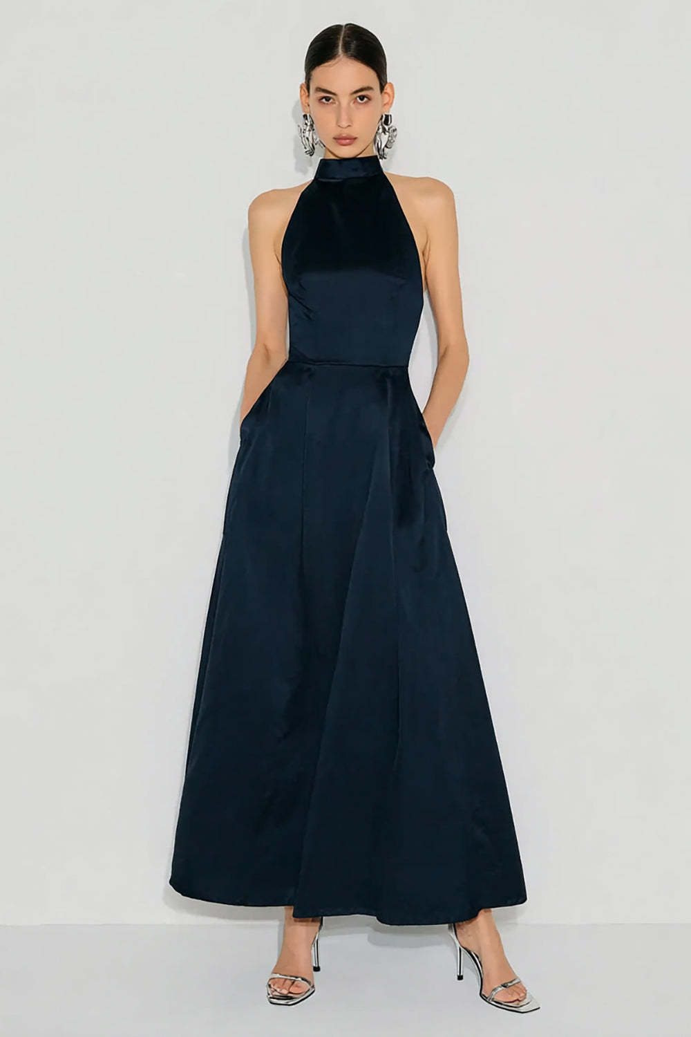 Leely Women Navy Satin Maxi Wedding Guest Dress High Neck A Line Backless Formal Dress