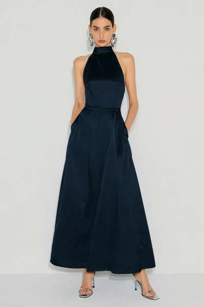 sachin and babi light blue dress Leely Women Navy Satin Maxi Wedding Guest Dress High Neck A Line Backless Formal Dress