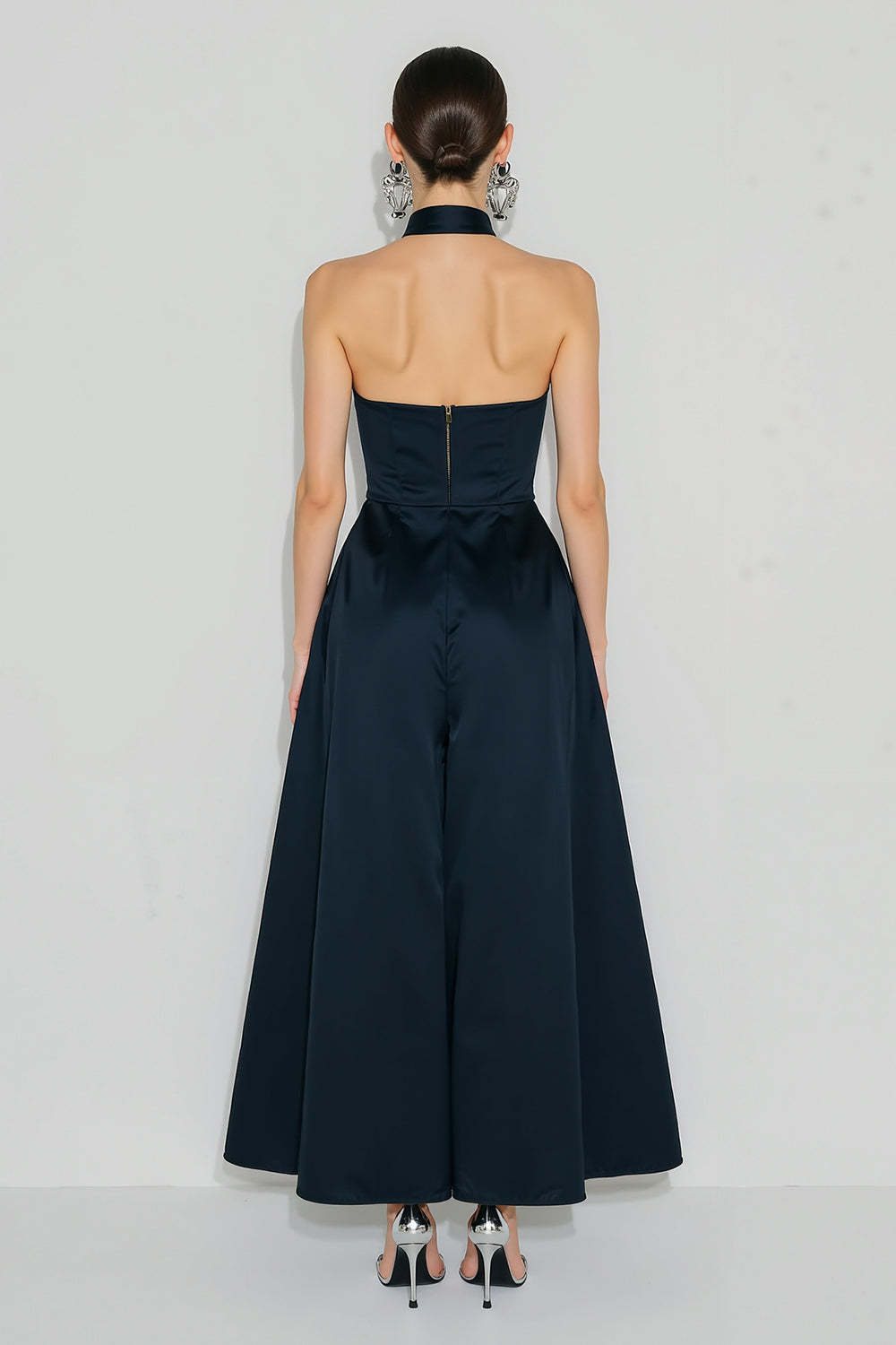 Navy A Line High Neck Long Wedding Guest Dress