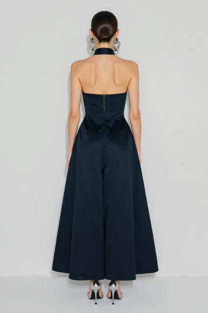 Navy A Line High Neck Long Wedding Guest Dress