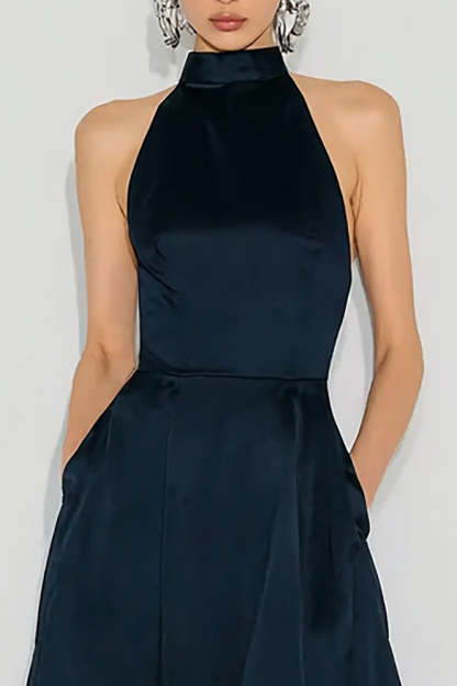 Navy A Line High Neck Long Wedding Guest Dress