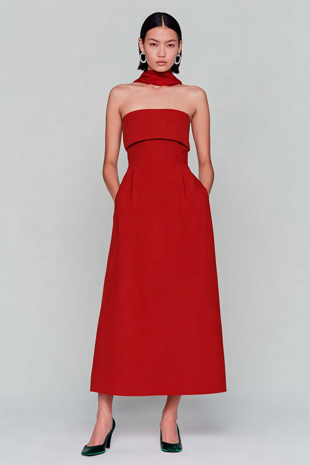 Leely Women Red Strapless Maxi Wedding Guest Dress A Line Neck Scarf Formal Dress