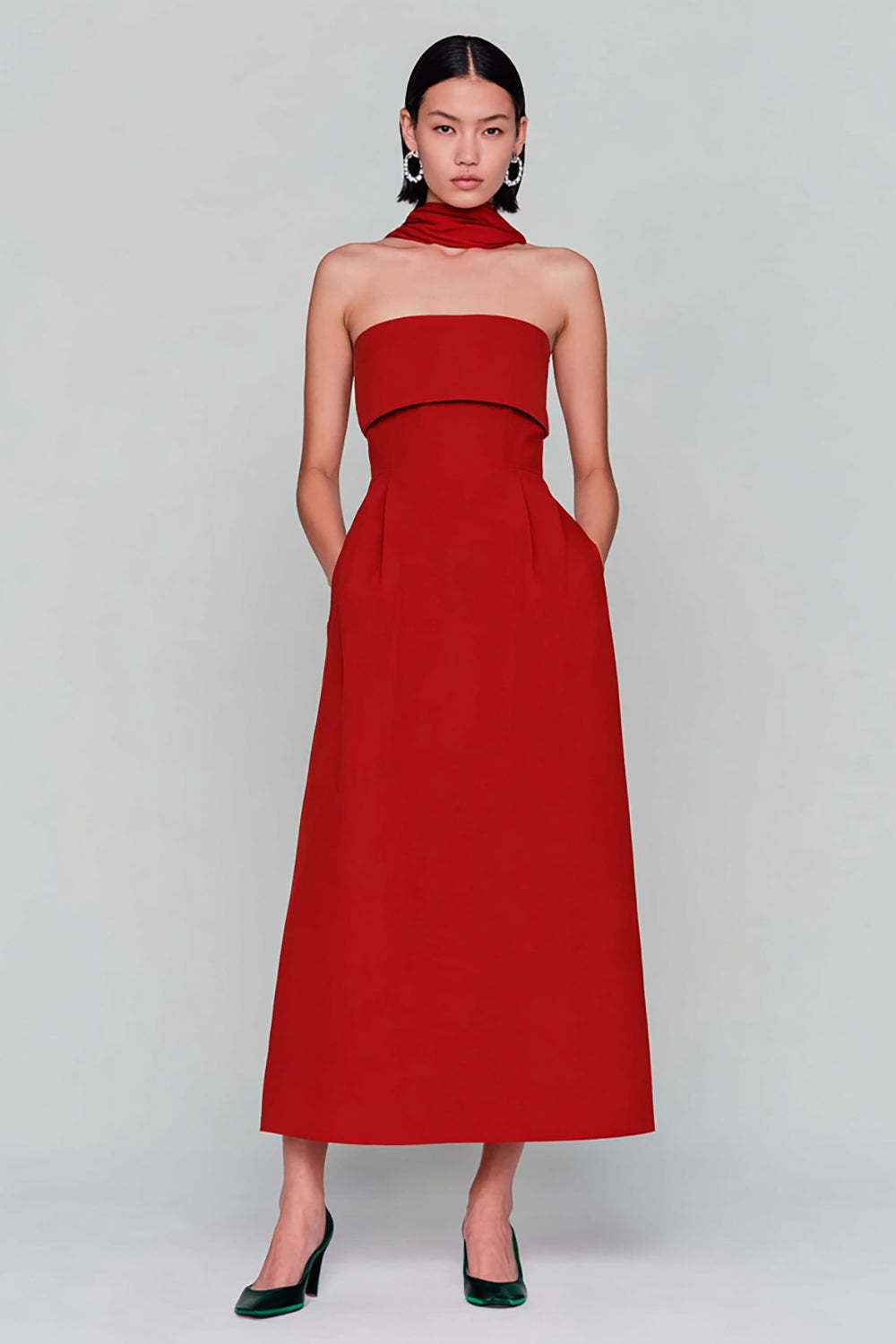 Leely Women Red Strapless Maxi Wedding Guest Dress A Line Neck Scarf Formal Dress