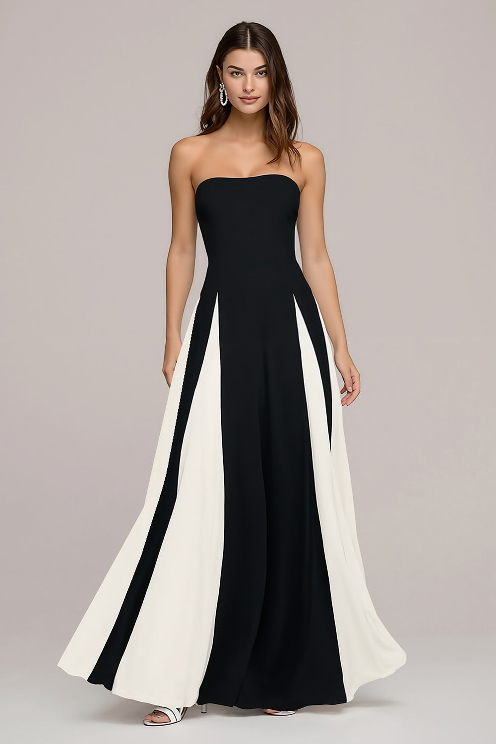 Leely Women Black and White Strapless Maxi Wedding Guest Dress A Line Evening Dress