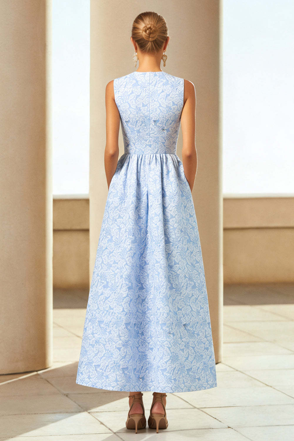 Blue Jacquard A Line Crew Neck Long Wedding Guest Dress