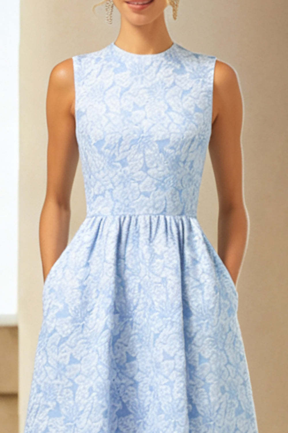 Blue Jacquard A Line Crew Neck Long Wedding Guest Dress