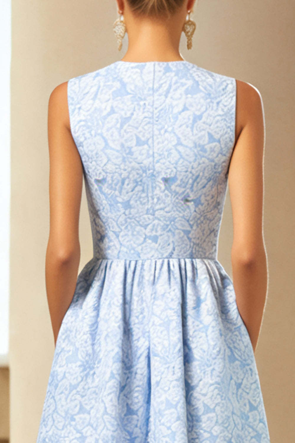 Blue Jacquard A Line Crew Neck Long Wedding Guest Dress