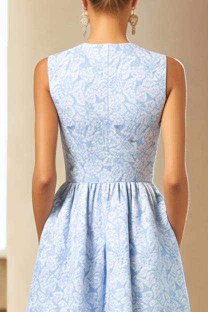 Blue Jacquard A Line Crew Neck Long Wedding Guest Dress