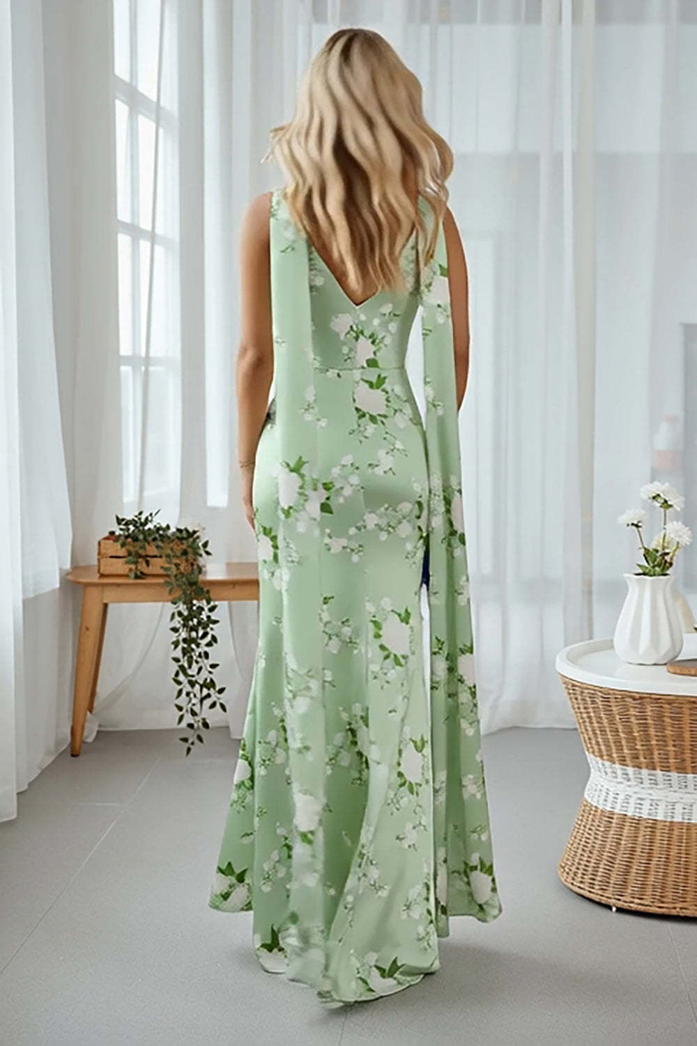 Floral Sage Bateau Neck Mermaid Long Wedding Guest Dress with Cape