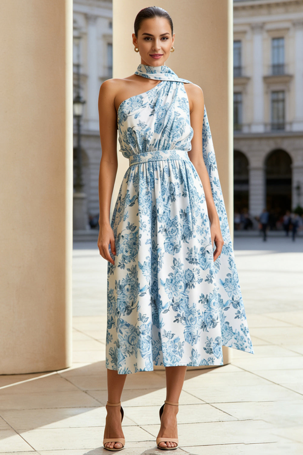 Floral White and Blue A Line One Shoulder Midi Wedding Guest Dress