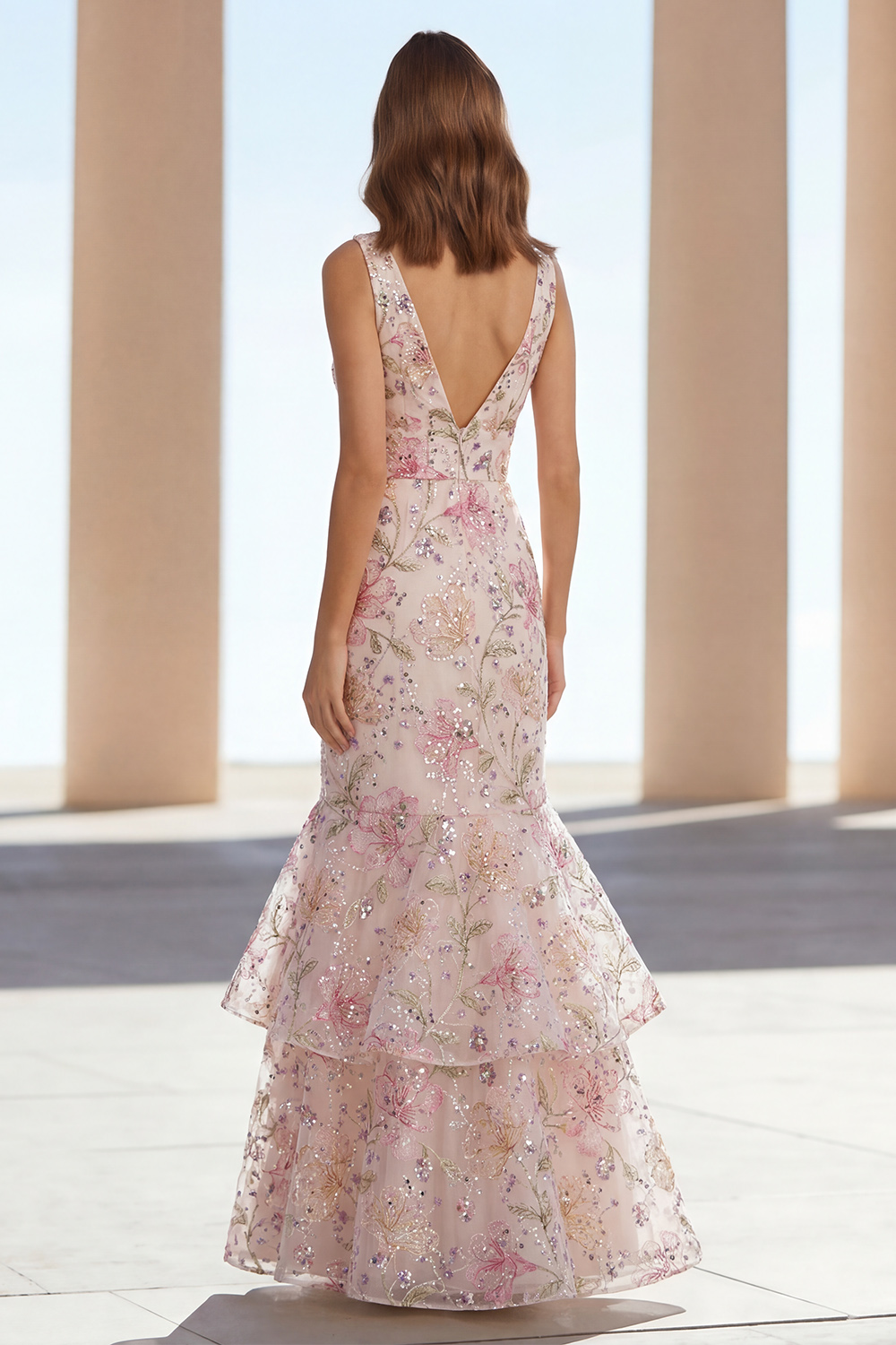 Floral Pink V-Neck Mermaid Long Wedding Guest Dress with Ruffles