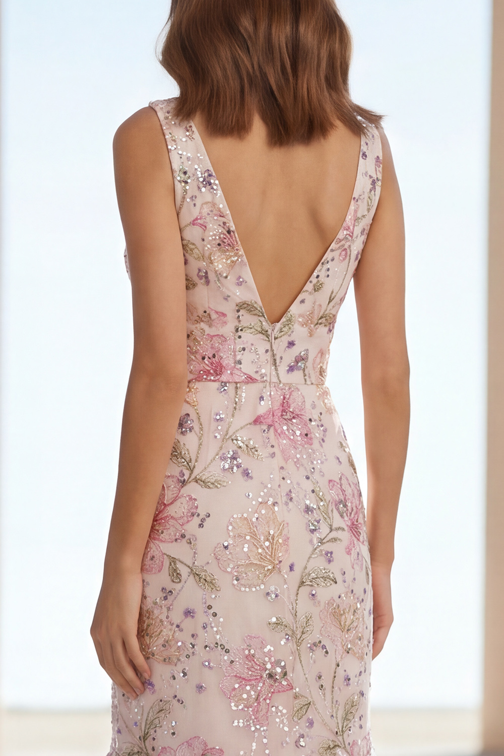 Floral Pink V-Neck Mermaid Long Wedding Guest Dress with Ruffles