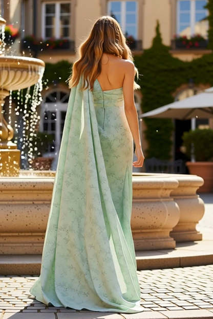 Sage Sheath Long Floral Wedding Guest Dress with Side Cape