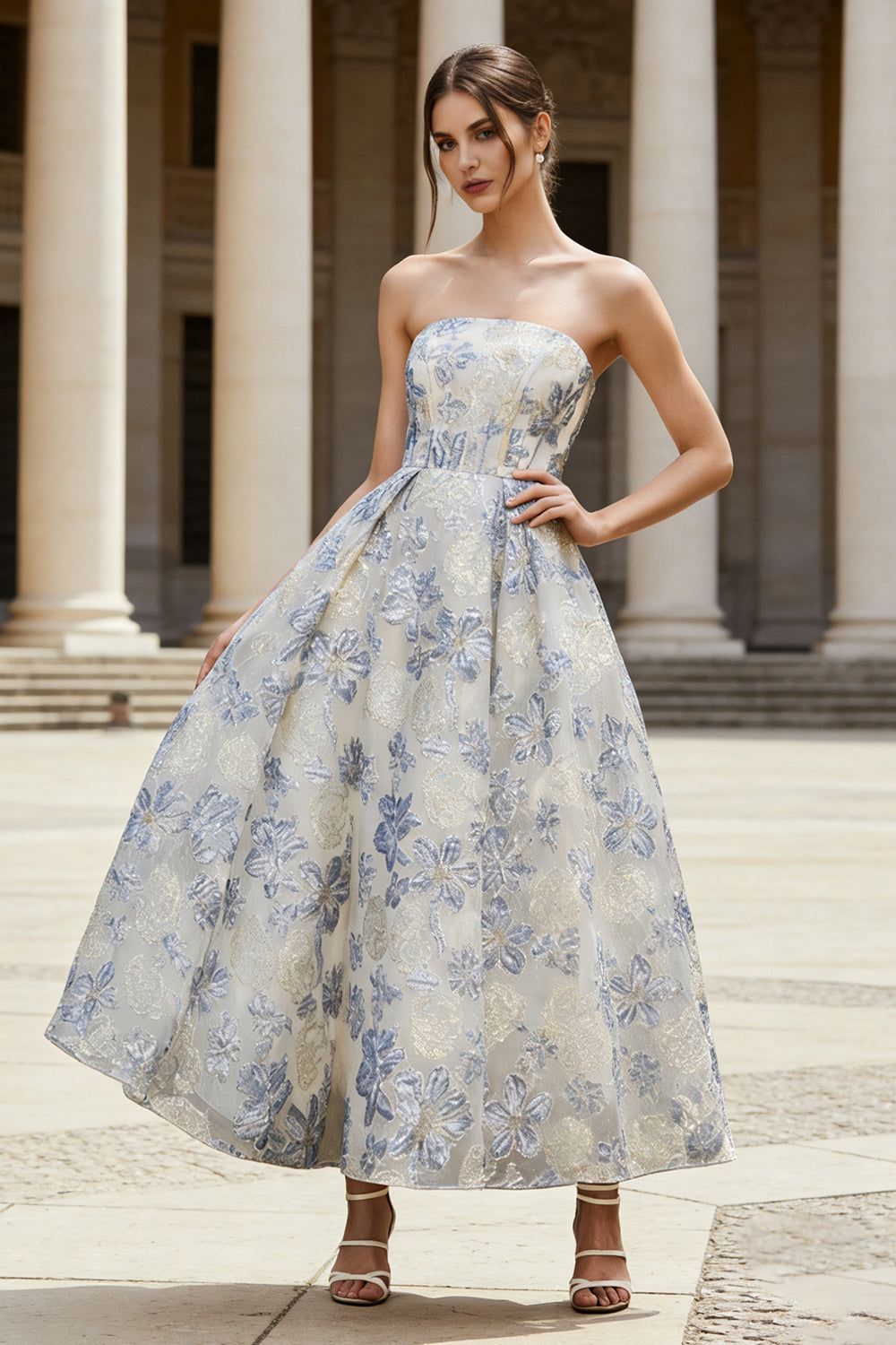 Dusty Blue A Line Jacquard Floral Long Corset Wedding Guest Dress