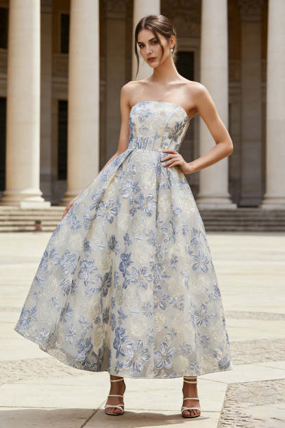 Leely Women Floral Dusty Blue Jacquard Maxi Corset Wedding Guest Dress A Line Strapless Bridesmaid Dress