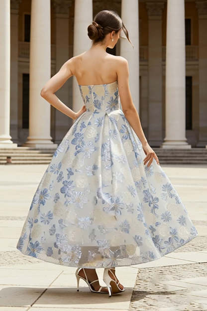Dusty Blue A Line Jacquard Floral Long Corset Wedding Guest Dress