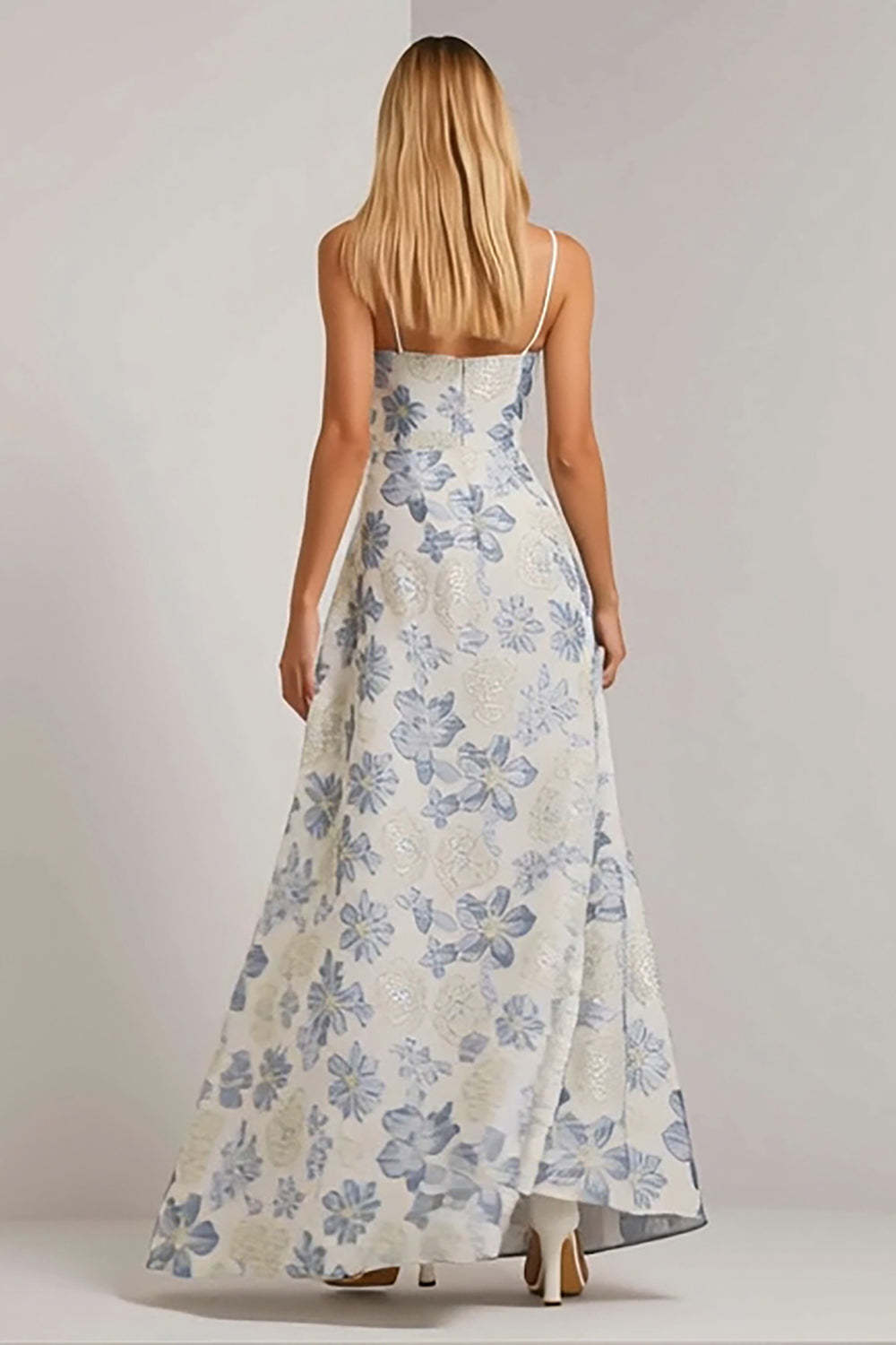Floral Dusty Blue Spaghetti Straps Long Jacquard Wedding Guest Dress