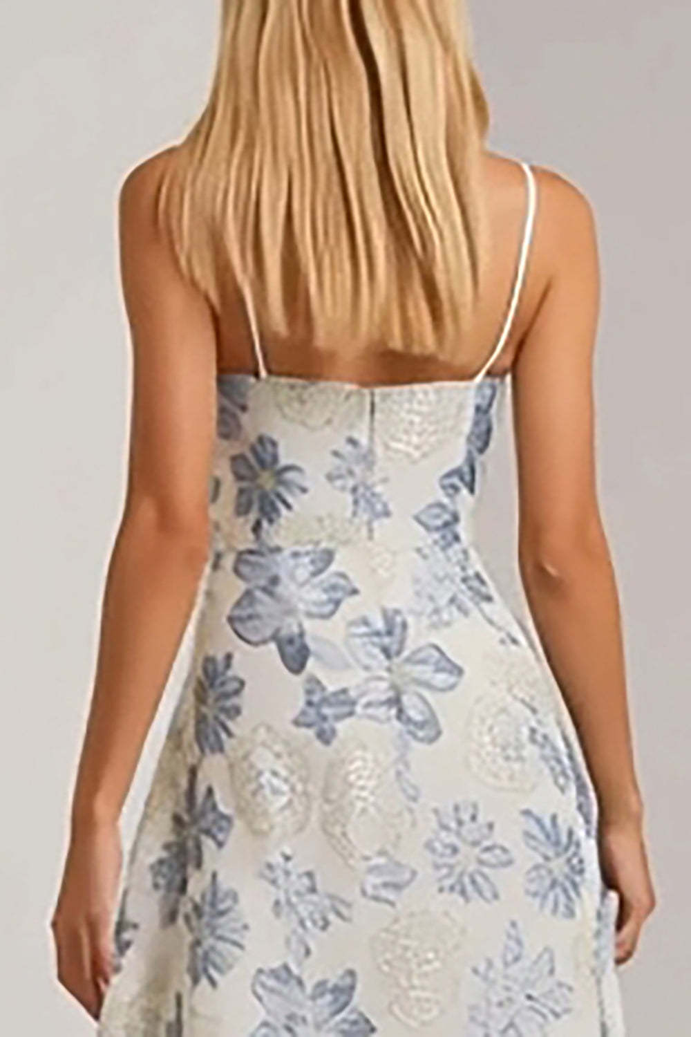 Floral Dusty Blue Spaghetti Straps Long Jacquard Wedding Guest Dress