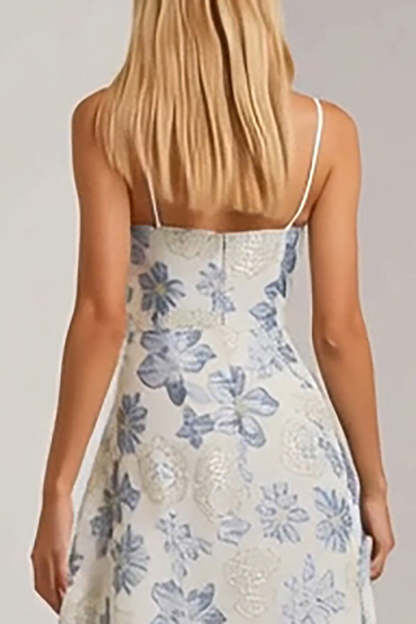 Floral Dusty Blue Spaghetti Straps Long Jacquard Wedding Guest Dress