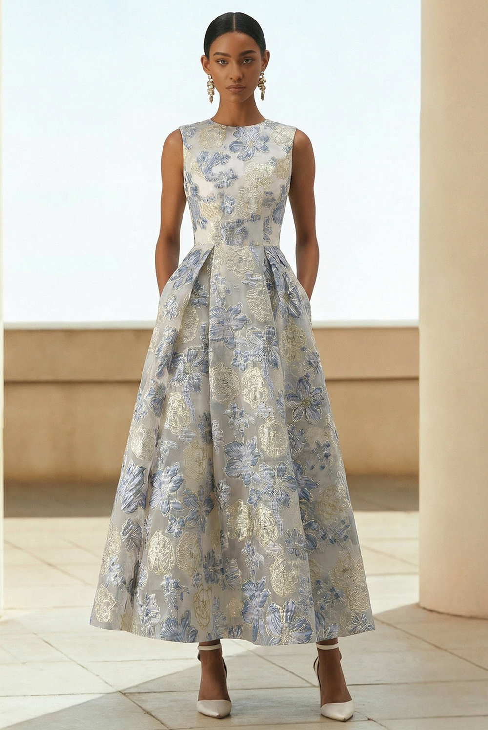 Leely Women Floral Dusty Blue Jacquard Maxi Wedding Guest Dress A Line Crew Neck Formal Dress